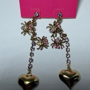 Betsey Johnson Pink & AB Crystal Spider Heart  Dangle Earrings rare
